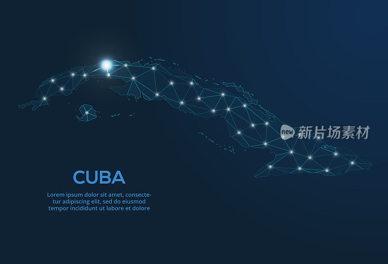 Cuba communication network map. Vector low poly image of a global map with lights in the form of cities. Map in the form of a constellation, mute and stars